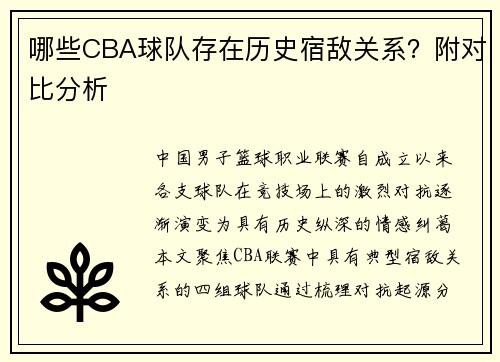哪些CBA球队存在历史宿敌关系？附对比分析